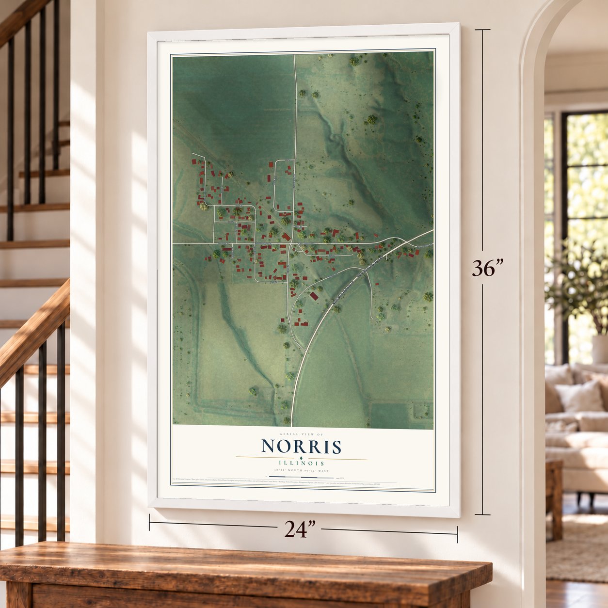 Norris, Illinois map, 24 x 36 inch print in a white frame by a staircase