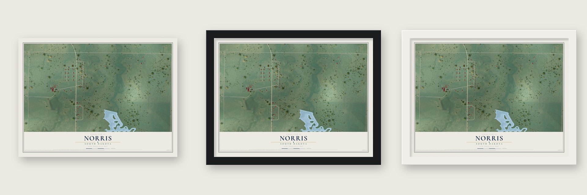 Norris, South Dakota map unframed, in a black wood frame and in a white wood frame