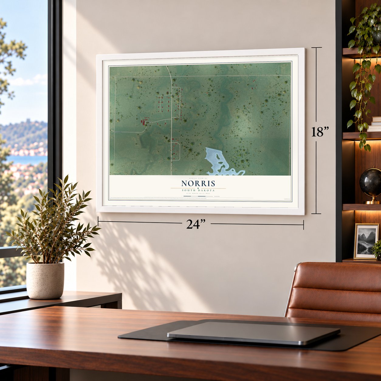 Norris, South Dakota map, 18 x 24 inch print in a white frame in a home office