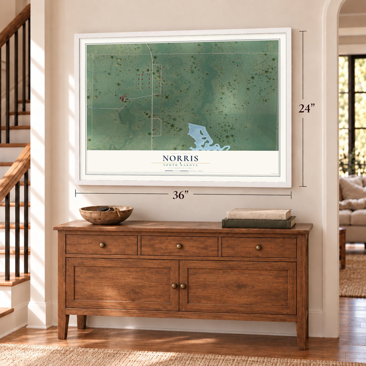 Norris, South Dakota map, 24 x 36 inch print in a white frame above a dresser by a staircase