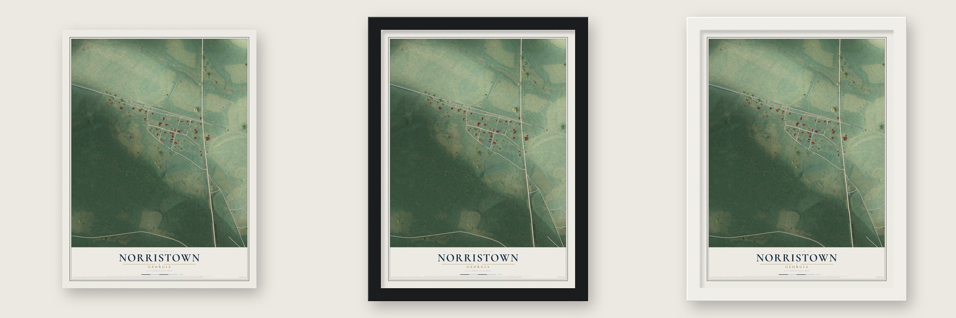 Norristown, Georgia map unframed, in a black wood frame and in a white wood frame