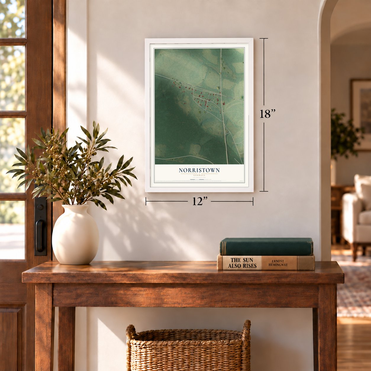 Norristown, Georgia map, 12 x 18 inch print in a white frame in an entryway