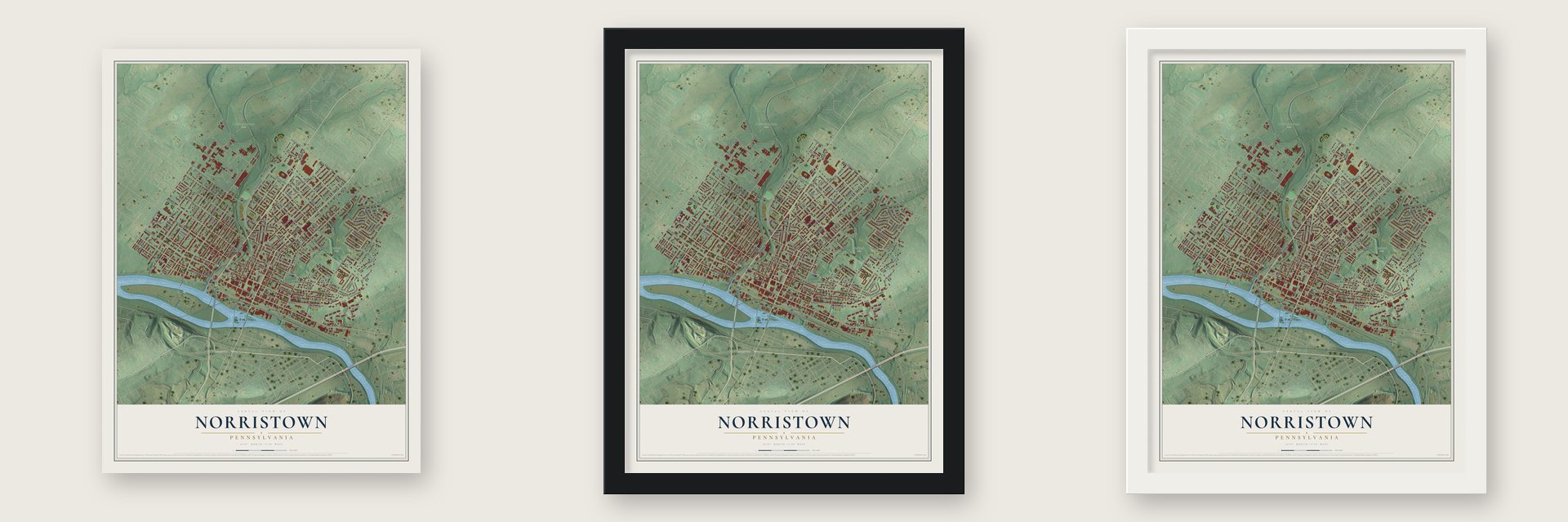 Norristown, Pennsylvania map unframed, in a black wood frame and in a white wood frame