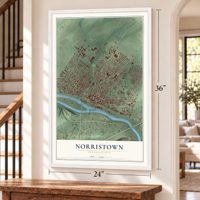 Norristown, Pennsylvania map, 24 x 36 inch print in a white frame by a staircase