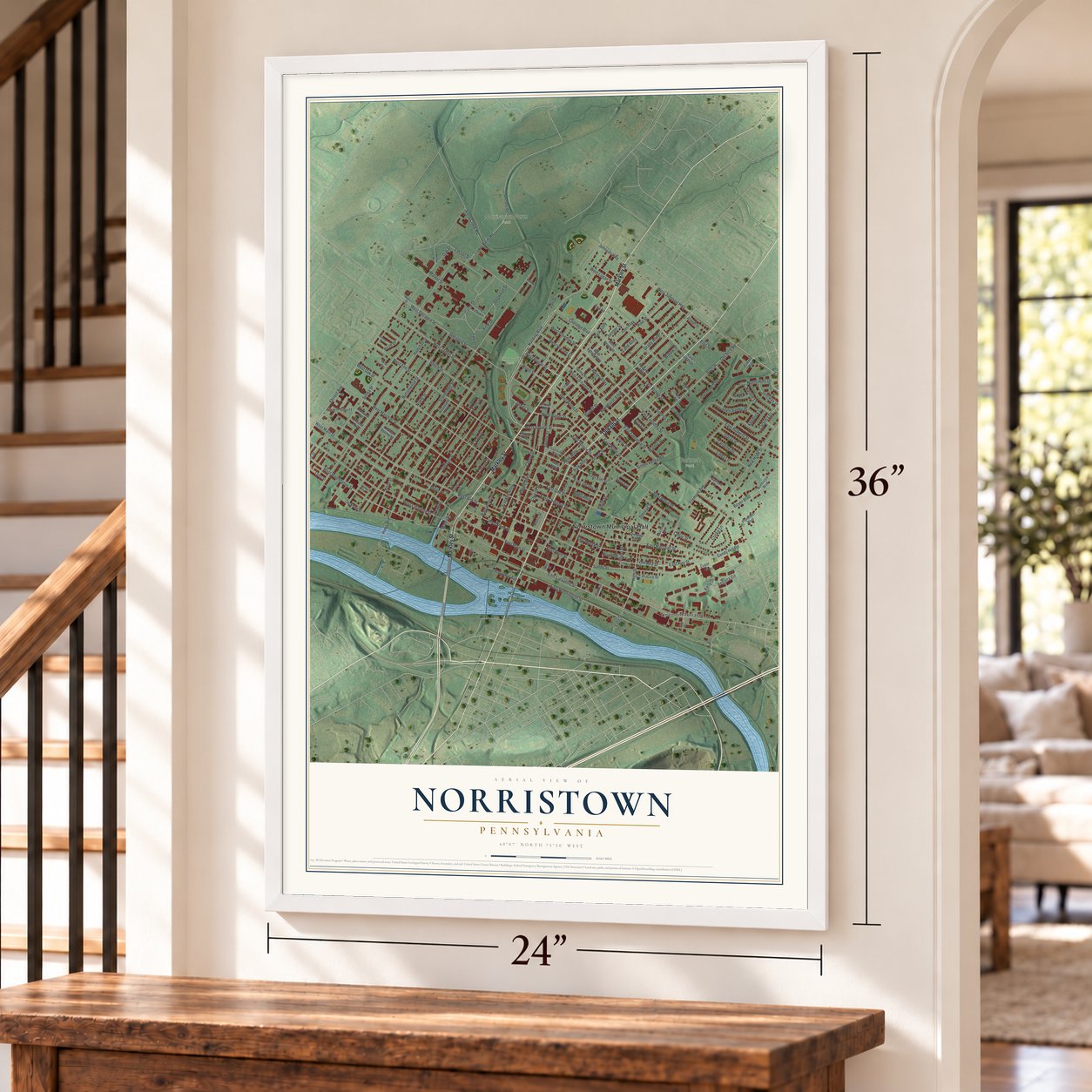 Norristown, Pennsylvania map, 24 x 36 inch print in a white frame by a staircase