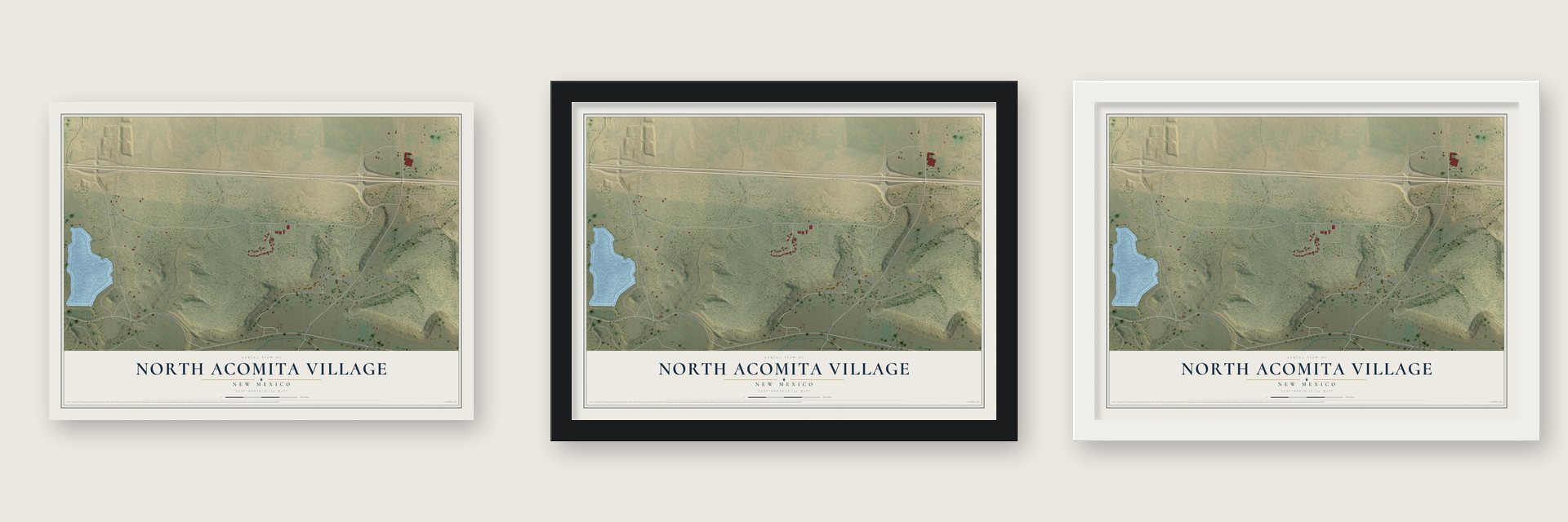 North Acomita Village, New Mexico map unframed, in a black wood frame and in a white wood frame