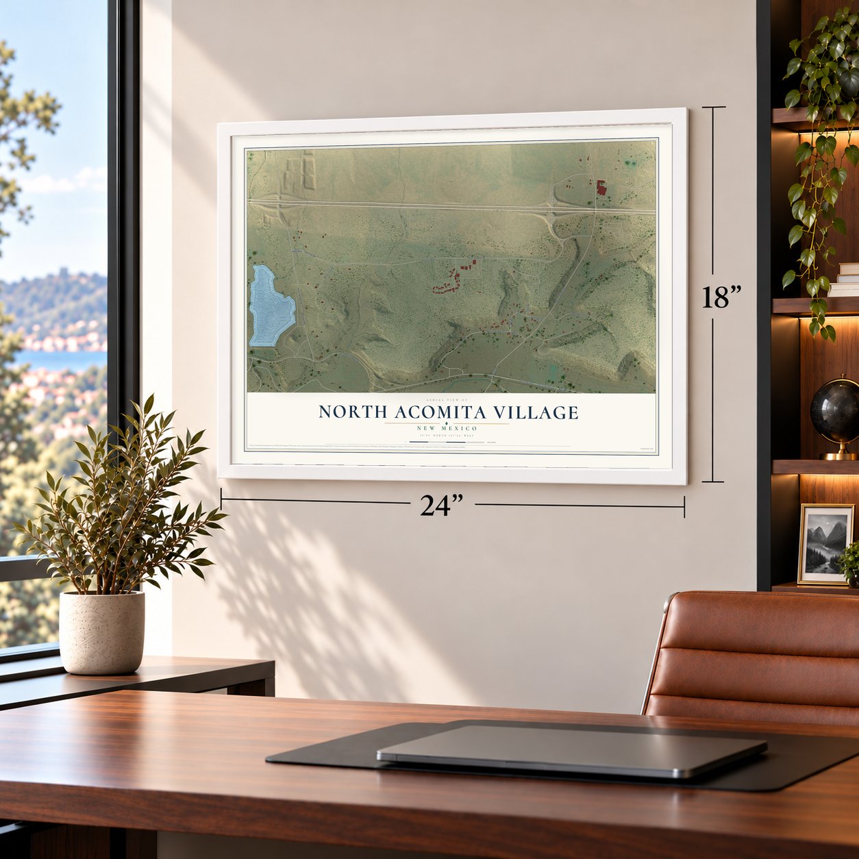 North Acomita Village, New Mexico map, 18 x 24 inch print in a white frame in a home office