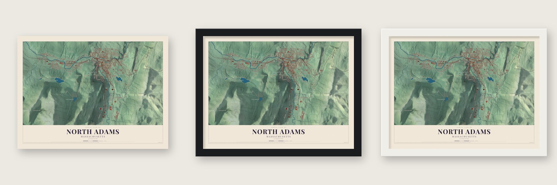 North Adams, Massachusetts map unframed, in a black wood frame and in a white wood frame