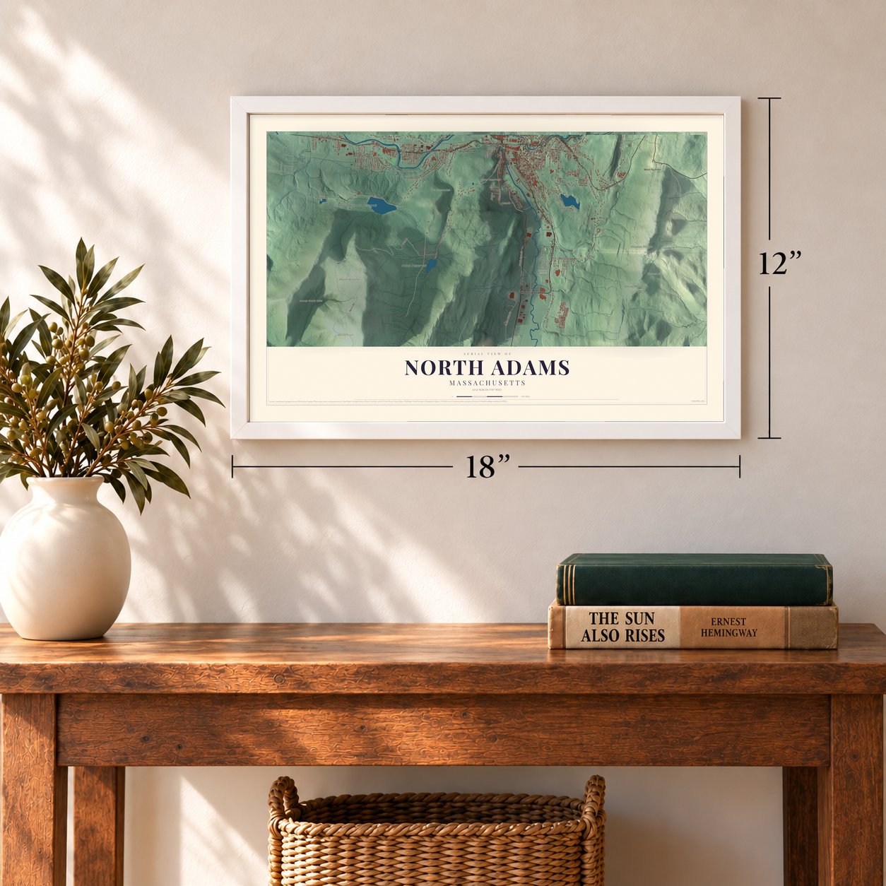 North Adams, Massachusetts map, 12 x 18 inch print in a white frame in an entryway