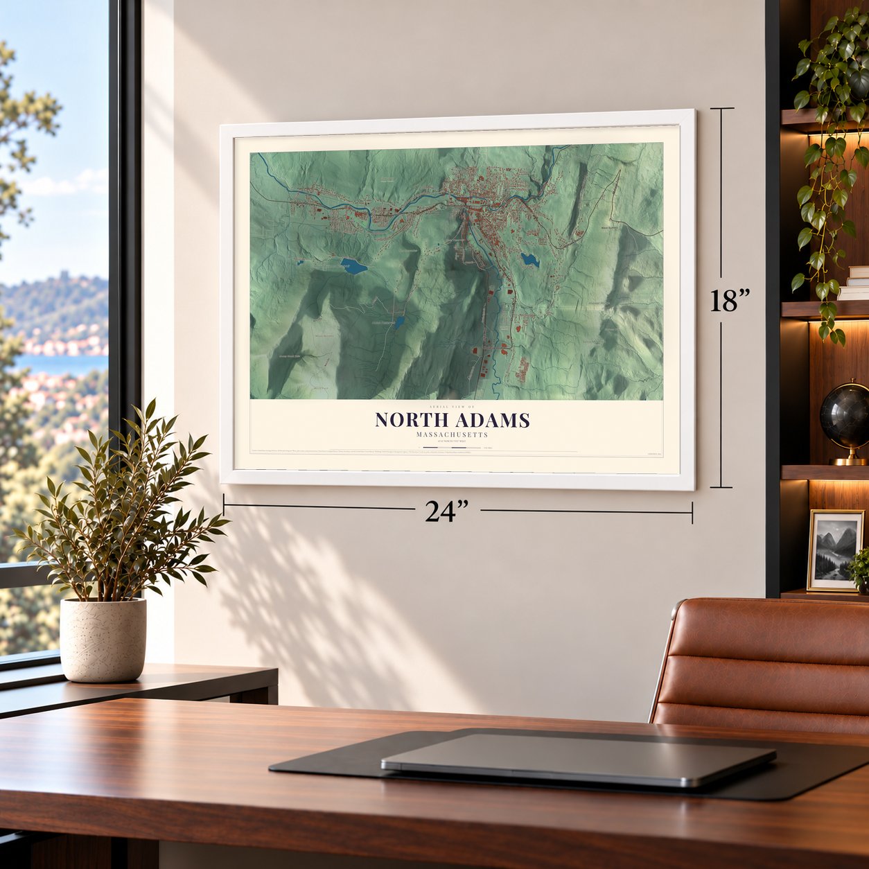 North Adams, Massachusetts map, 18 x 24 inch print in a white frame in a home office
