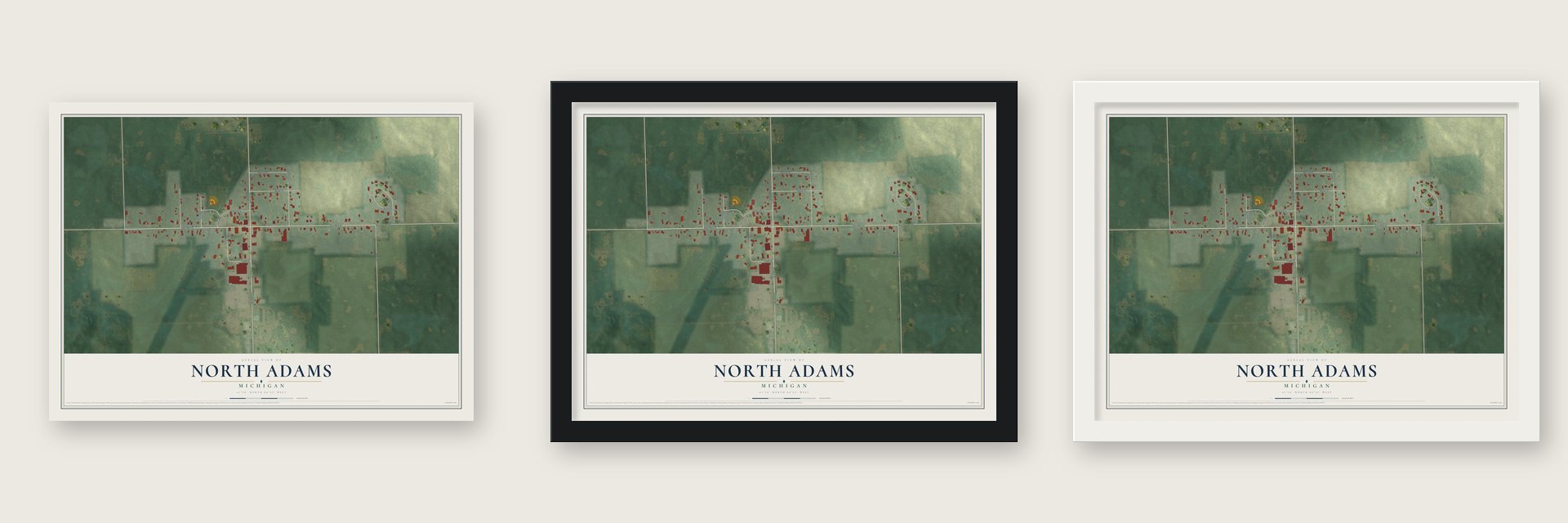 North Adams, Michigan map unframed, in a black wood frame and in a white wood frame