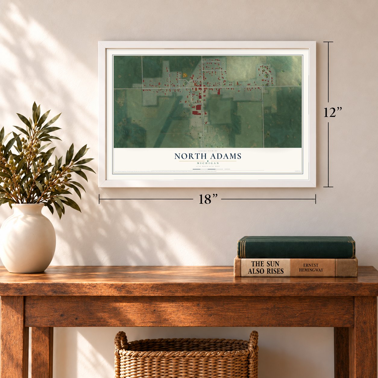 North Adams, Michigan map, 12 x 18 inch print in a white frame in an entryway