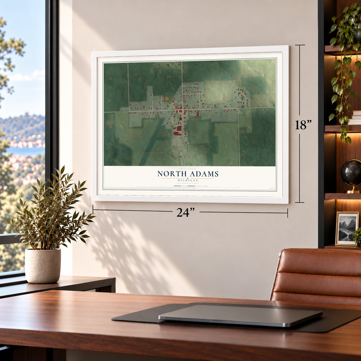 North Adams, Michigan map, 18 x 24 inch print in a white frame in a home office
