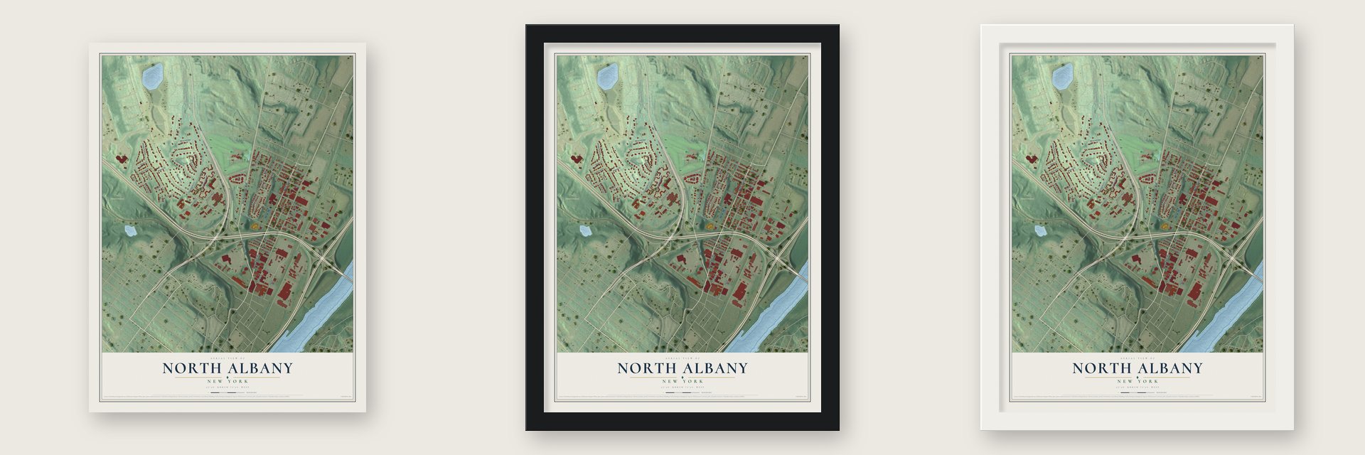 North Albany, New York map unframed, in a black wood frame and in a white wood frame