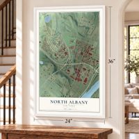 North Albany, New York map, 24 x 36 inch print in a white frame by a staircase