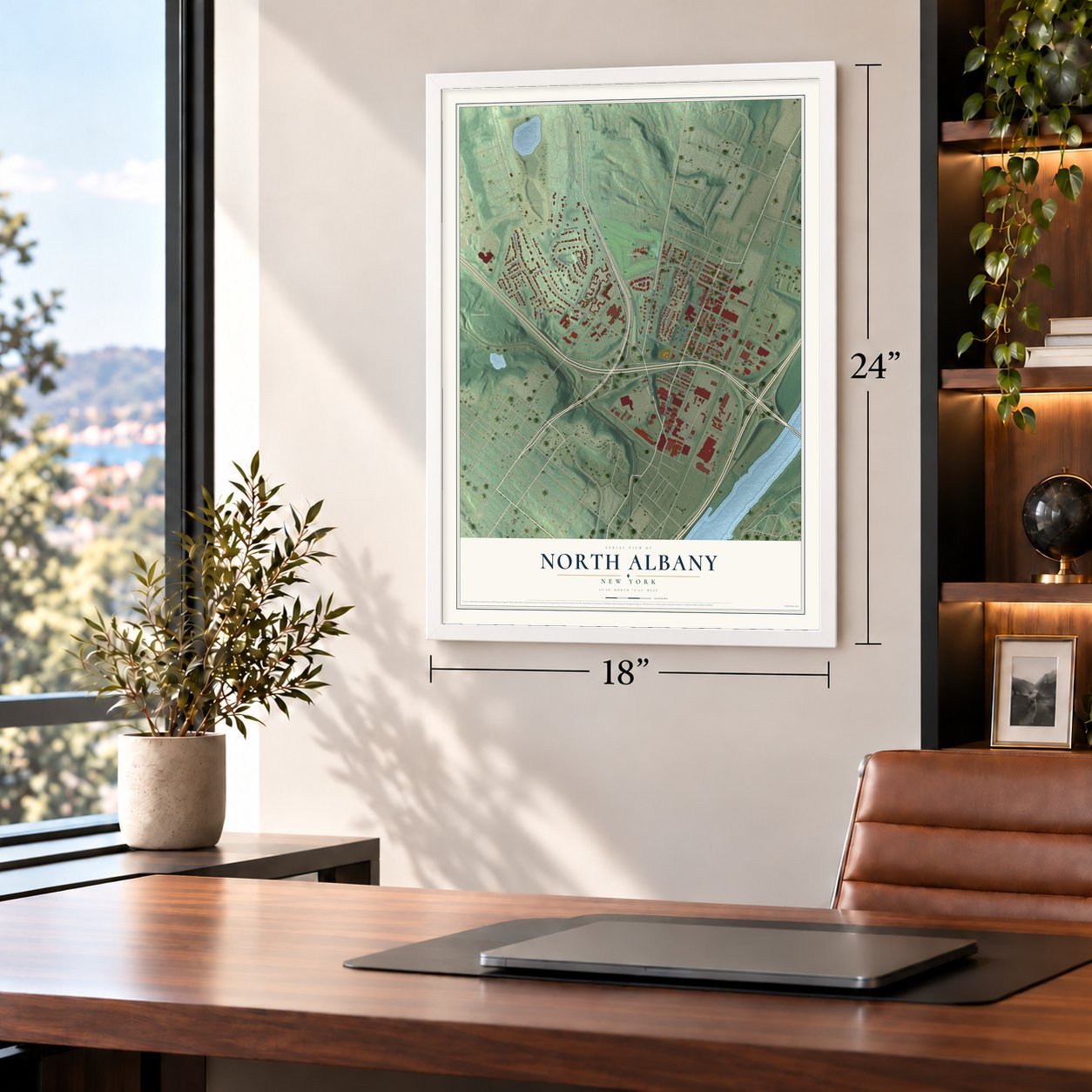 North Albany, New York map, 18 x 24 inch print in a white frame in a home office