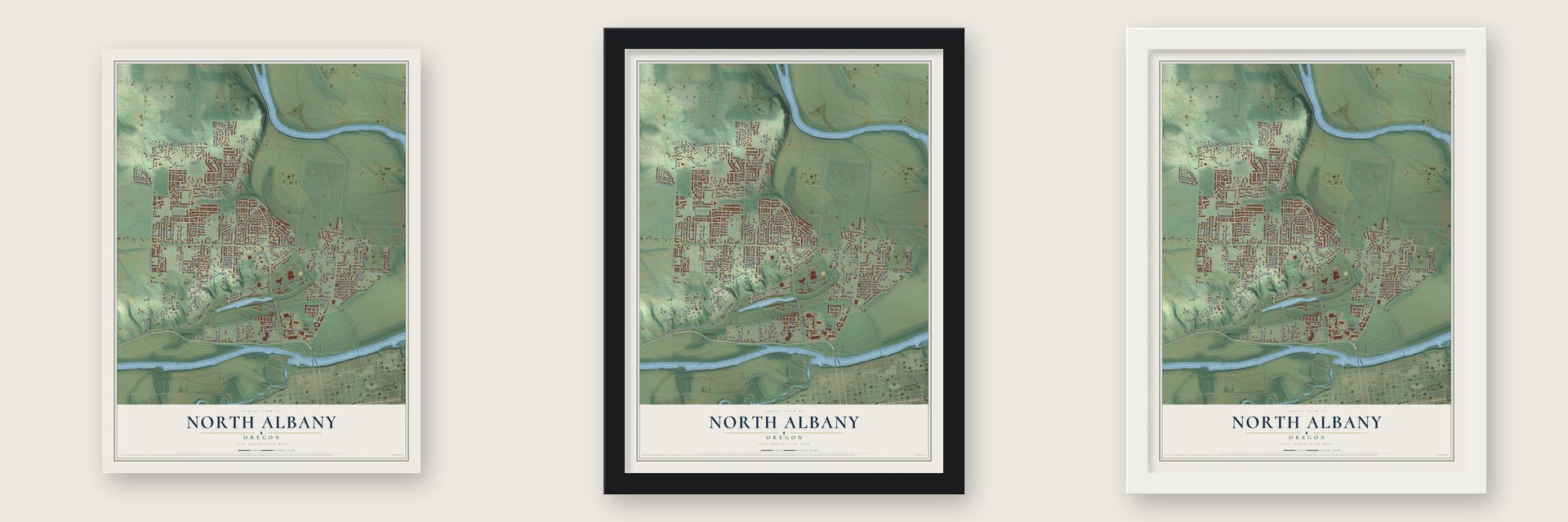 North Albany, Oregon map unframed, in a black wood frame and in a white wood frame