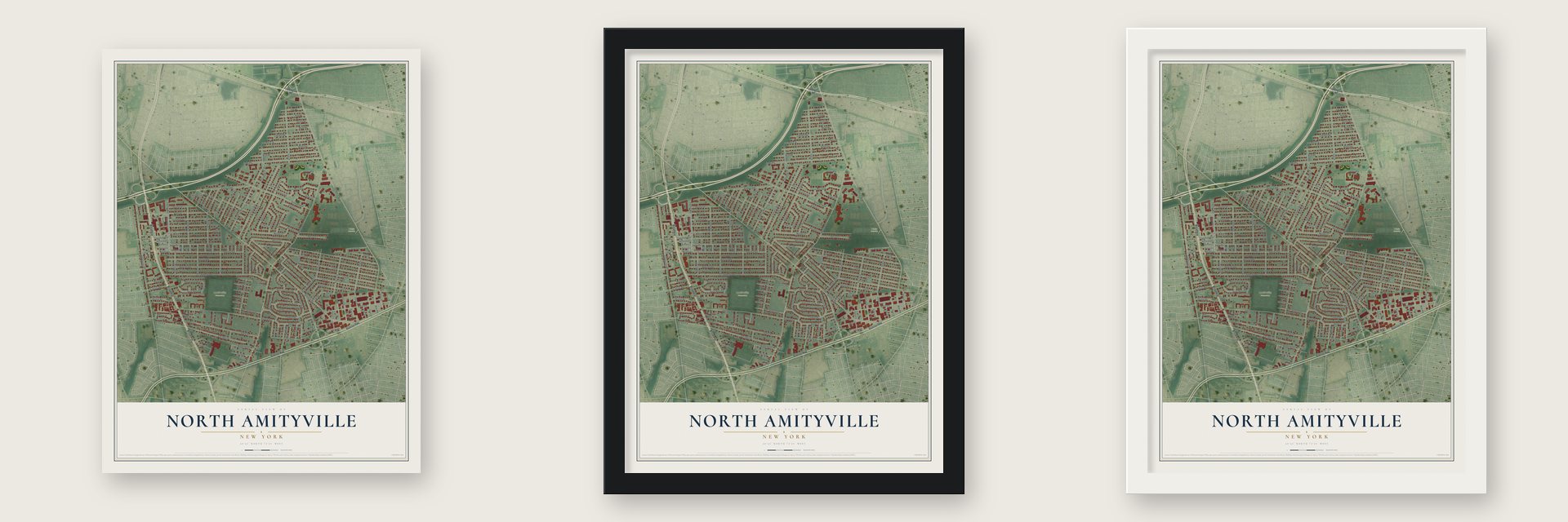 North Amityville, New York map unframed, in a black wood frame and in a white wood frame