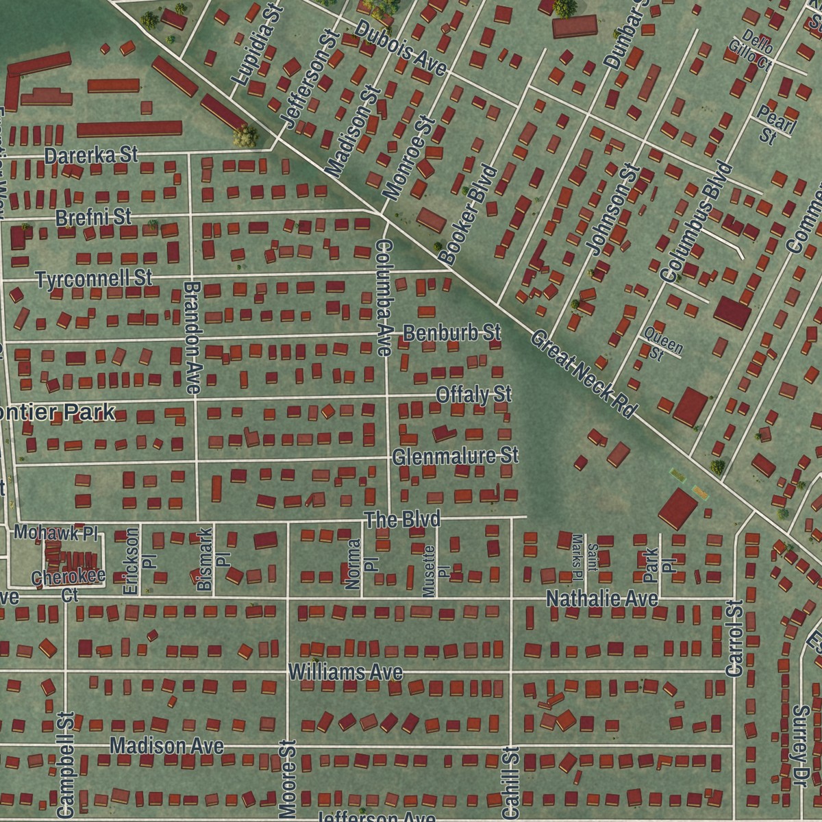 Second close-up of the map of North Amityville, New York print showing more streets and buildings