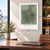 North Amityville, New York map, 18 x 24 inch print in a white frame in a home office