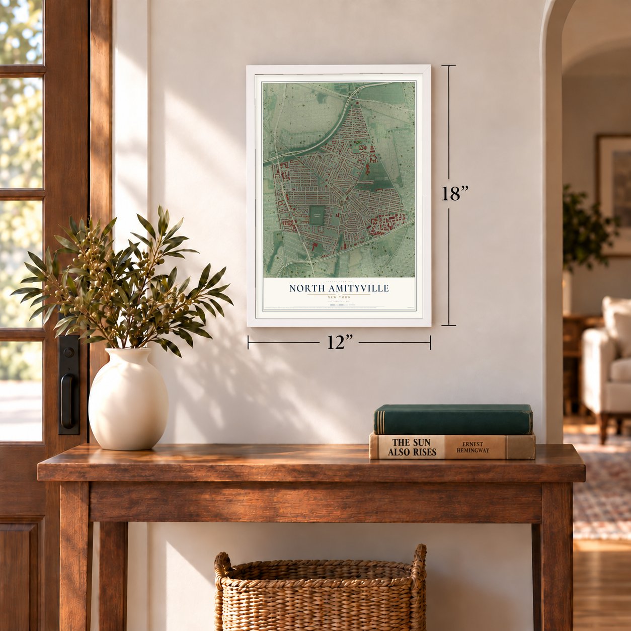 North Amityville, New York map, 12 x 18 inch print in a white frame in an entryway