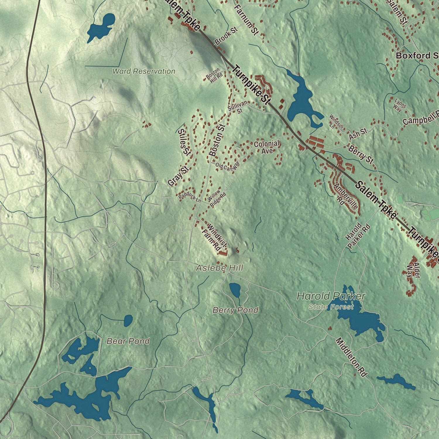 Close-up of the map of North Andover, Massachusetts print showing terrain and local geography