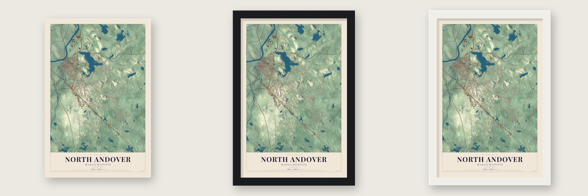 North Andover, Massachusetts map unframed, in a black wood frame and in a white wood frame