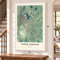 North Andover, Massachusetts map, 24 x 36 inch print in a white frame by a staircase