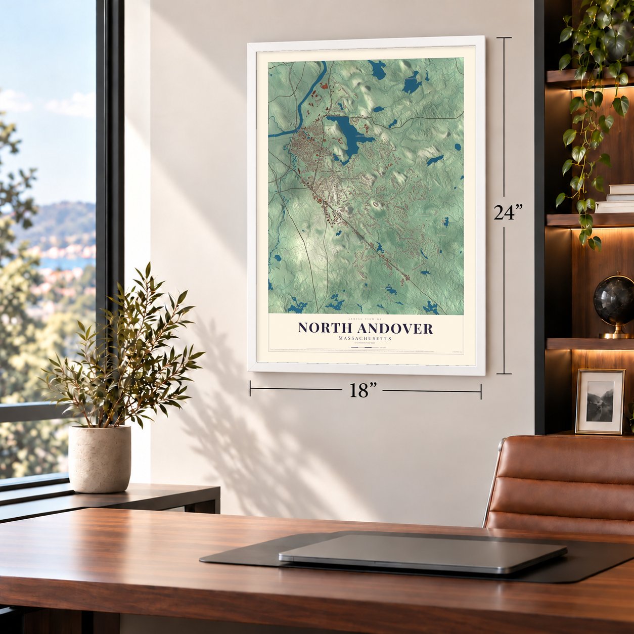 North Andover, Massachusetts map, 18 x 24 inch print in a white frame in a home office
