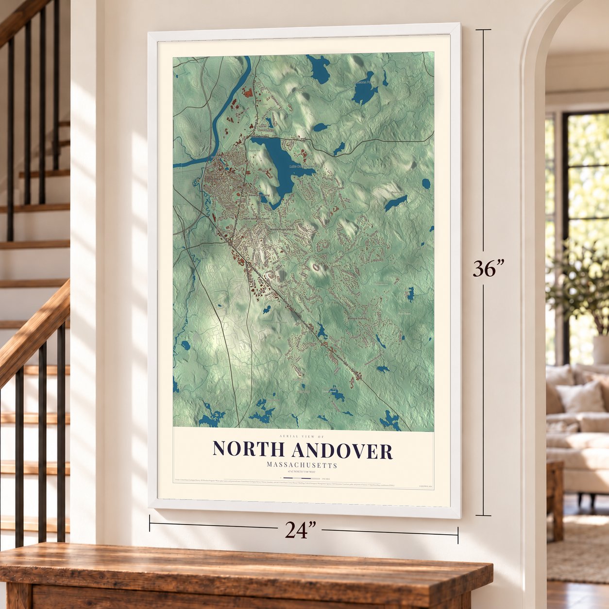 North Andover, Massachusetts map, 24 x 36 inch print in a white frame by a staircase