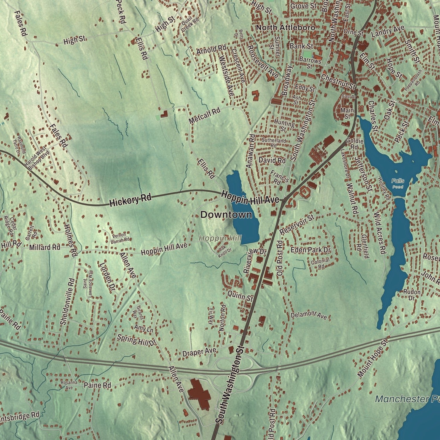 Close-up of the map of North Attleborough, Massachusetts print showing terrain and local geography