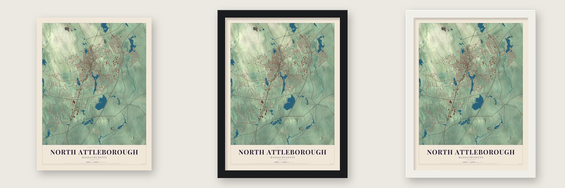 North Attleborough, Massachusetts map unframed, in a black wood frame and in a white wood frame