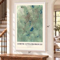 North Attleborough, Massachusetts map, 24 x 36 inch print in a white frame by a staircase