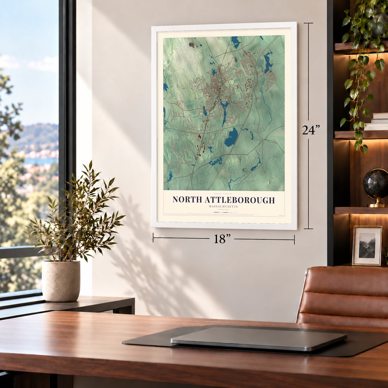 North Attleborough, Massachusetts map, 18 x 24 inch print in a white frame in a home office