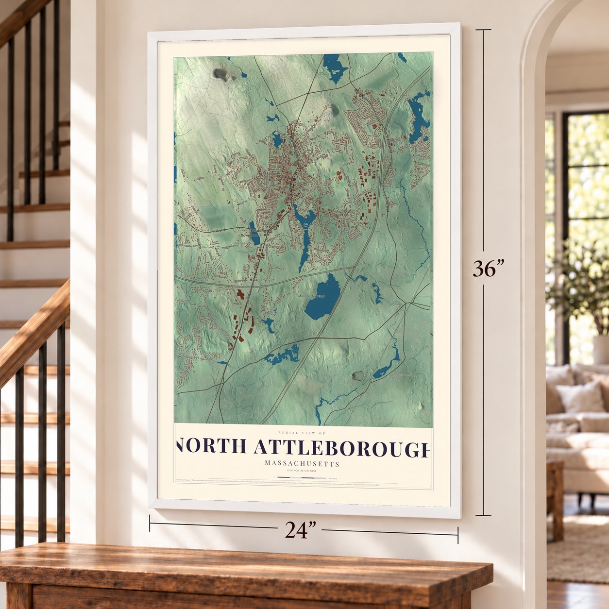 North Attleborough, Massachusetts map, 24 x 36 inch print in a white frame by a staircase