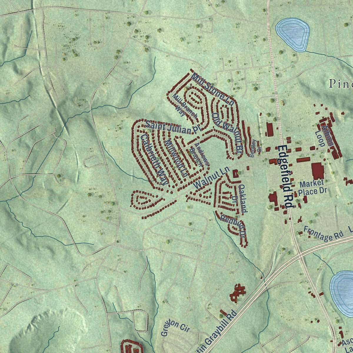 Second close-up of the map of North Augusta, South Carolina print showing more streets and buildings