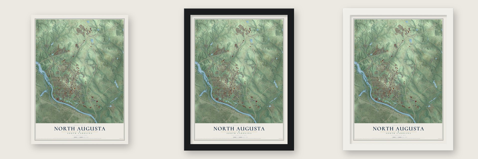 North Augusta, South Carolina map unframed, in a black wood frame and in a white wood frame