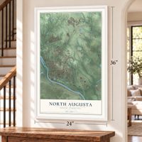 North Augusta, South Carolina map, 24 x 36 inch print in a white frame by a staircase