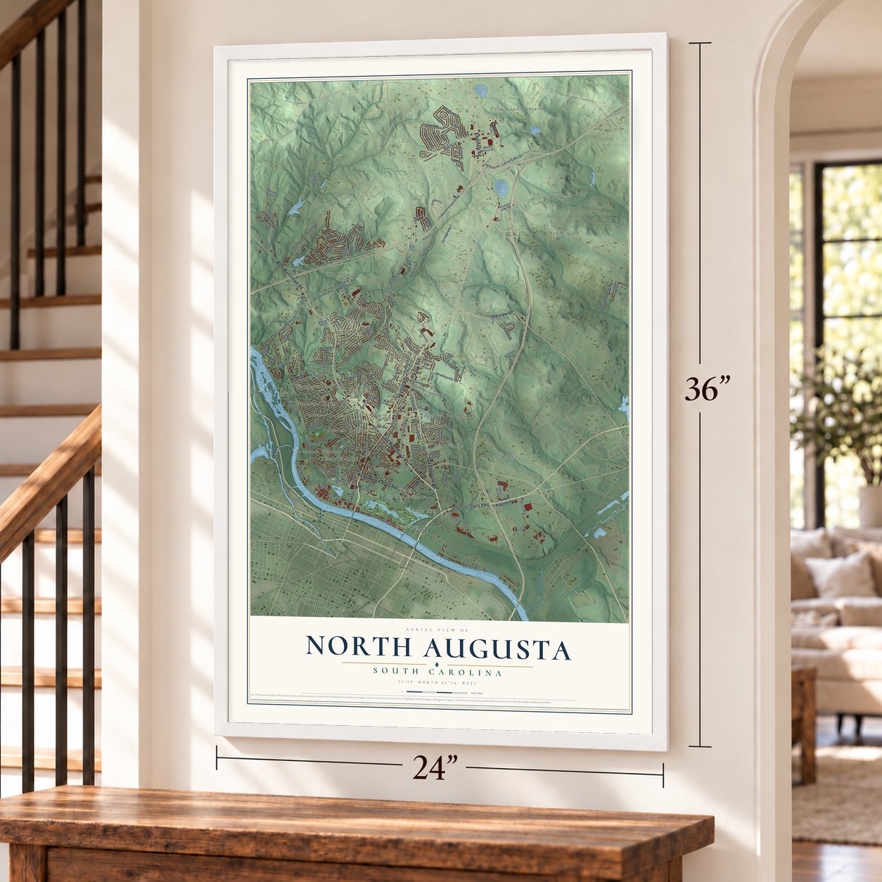 North Augusta, South Carolina map, 24 x 36 inch print in a white frame by a staircase
