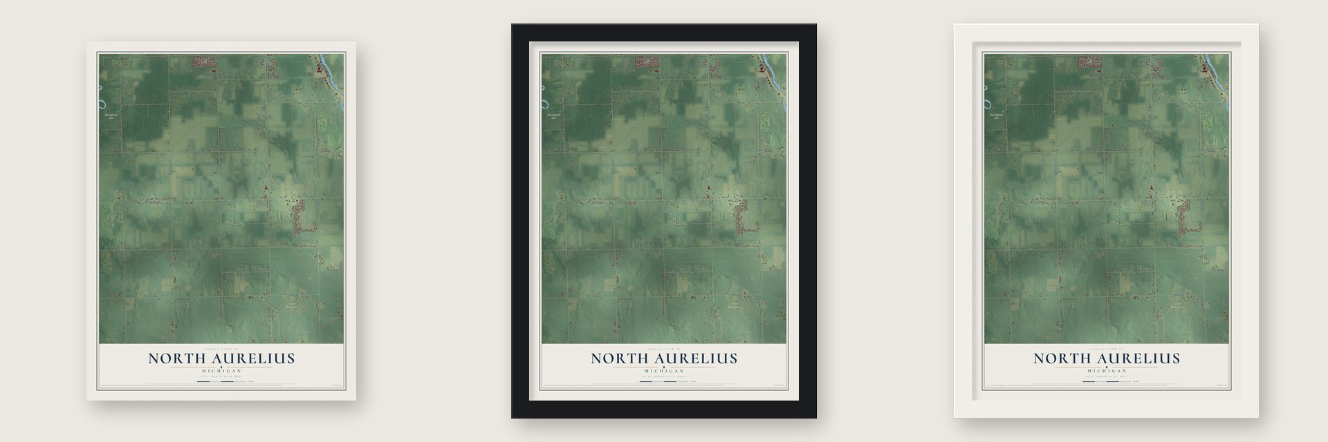 North Aurelius, Michigan map unframed, in a black wood frame and in a white wood frame