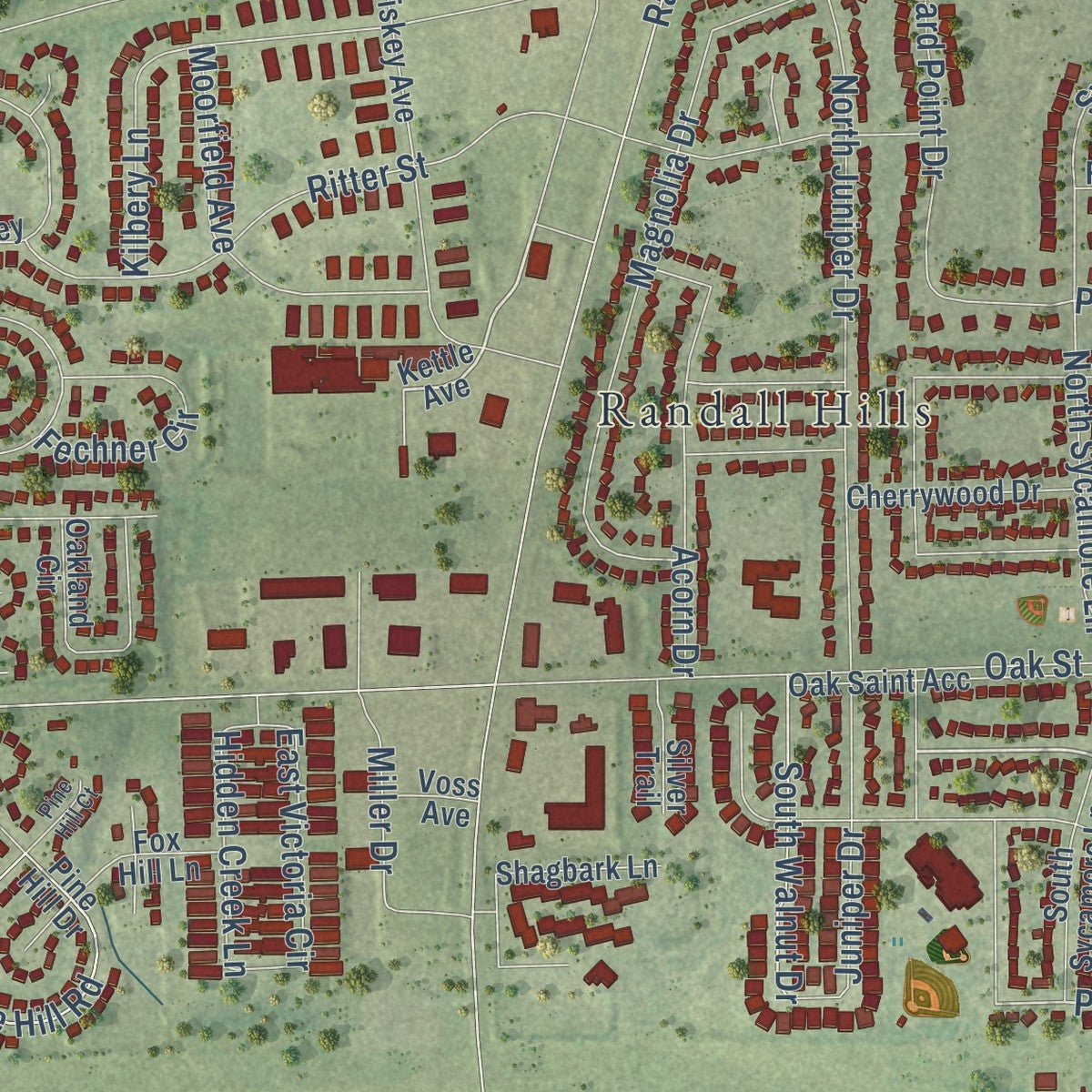 Second close-up of the map of North Aurora, Illinois print showing more streets and buildings