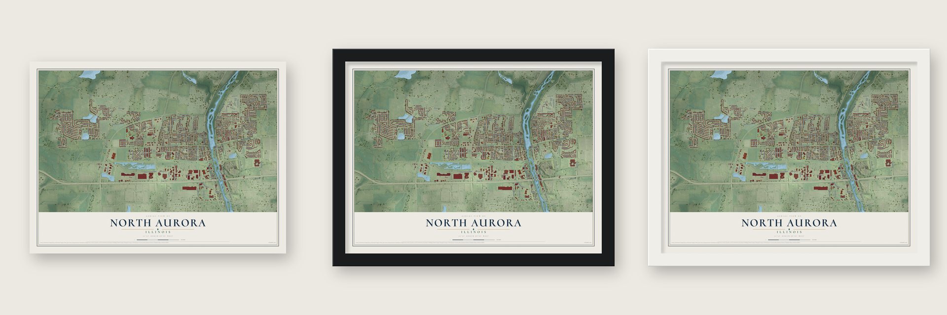 North Aurora, Illinois map unframed, in a black wood frame and in a white wood frame
