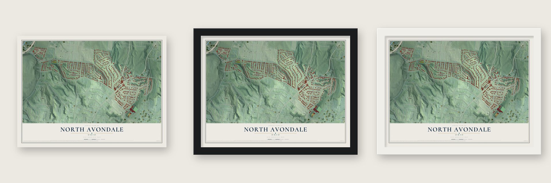 North Avondale, Ohio map unframed, in a black wood frame and in a white wood frame