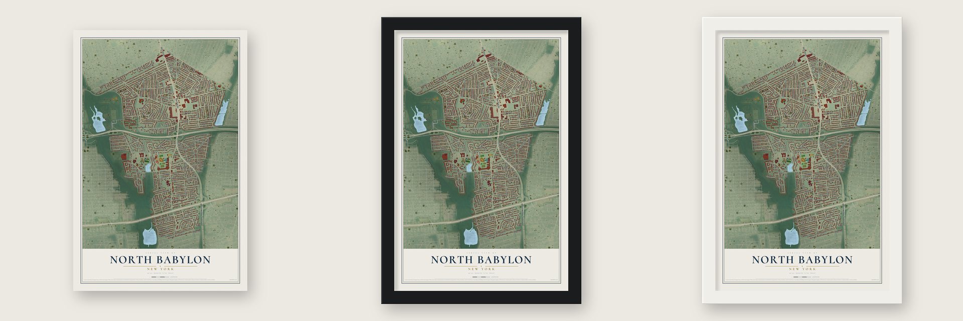 North Babylon, New York map unframed, in a black wood frame and in a white wood frame