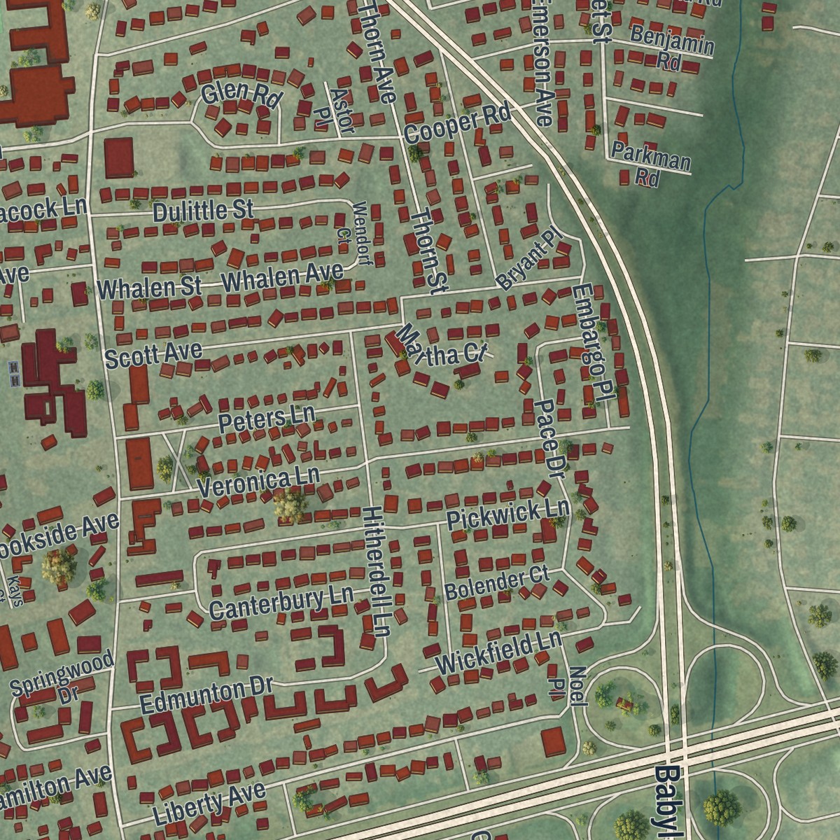 Second close-up of the map of North Babylon, New York print showing more streets and buildings