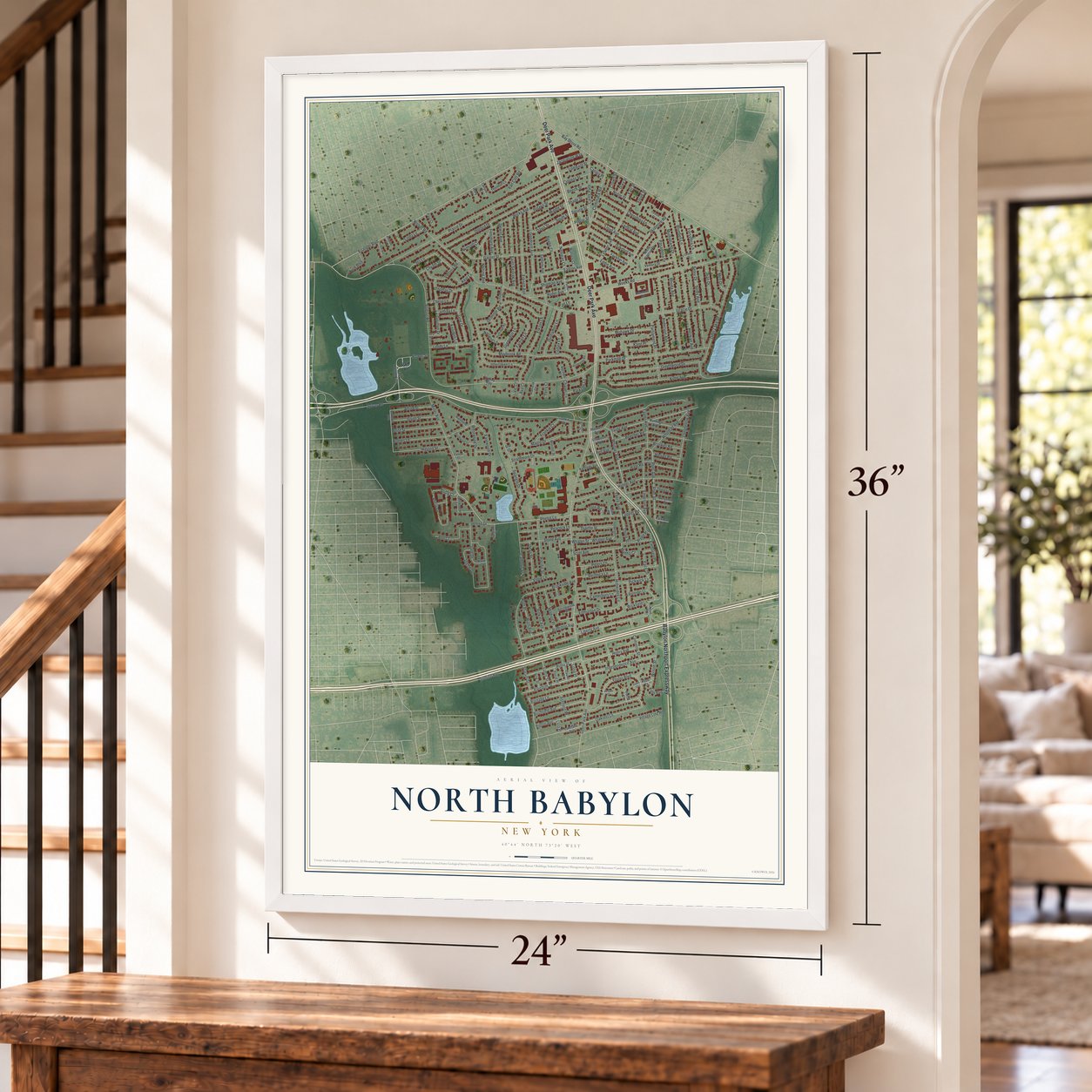 North Babylon, New York map, 24 x 36 inch print in a white frame by a staircase
