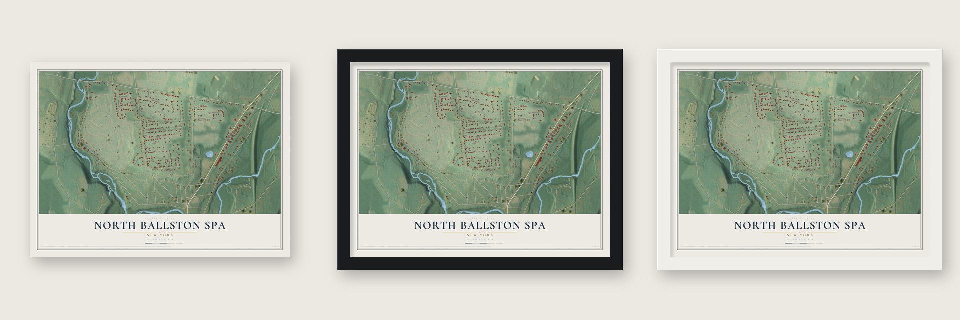 North Ballston Spa, New York map unframed, in a black wood frame and in a white wood frame