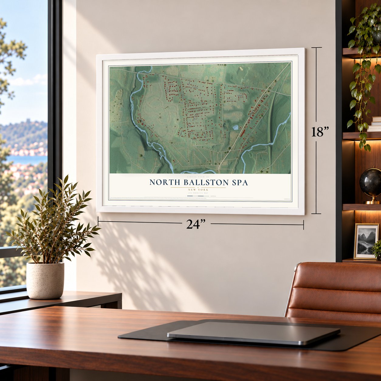 North Ballston Spa, New York map, 18 x 24 inch print in a white frame in a home office