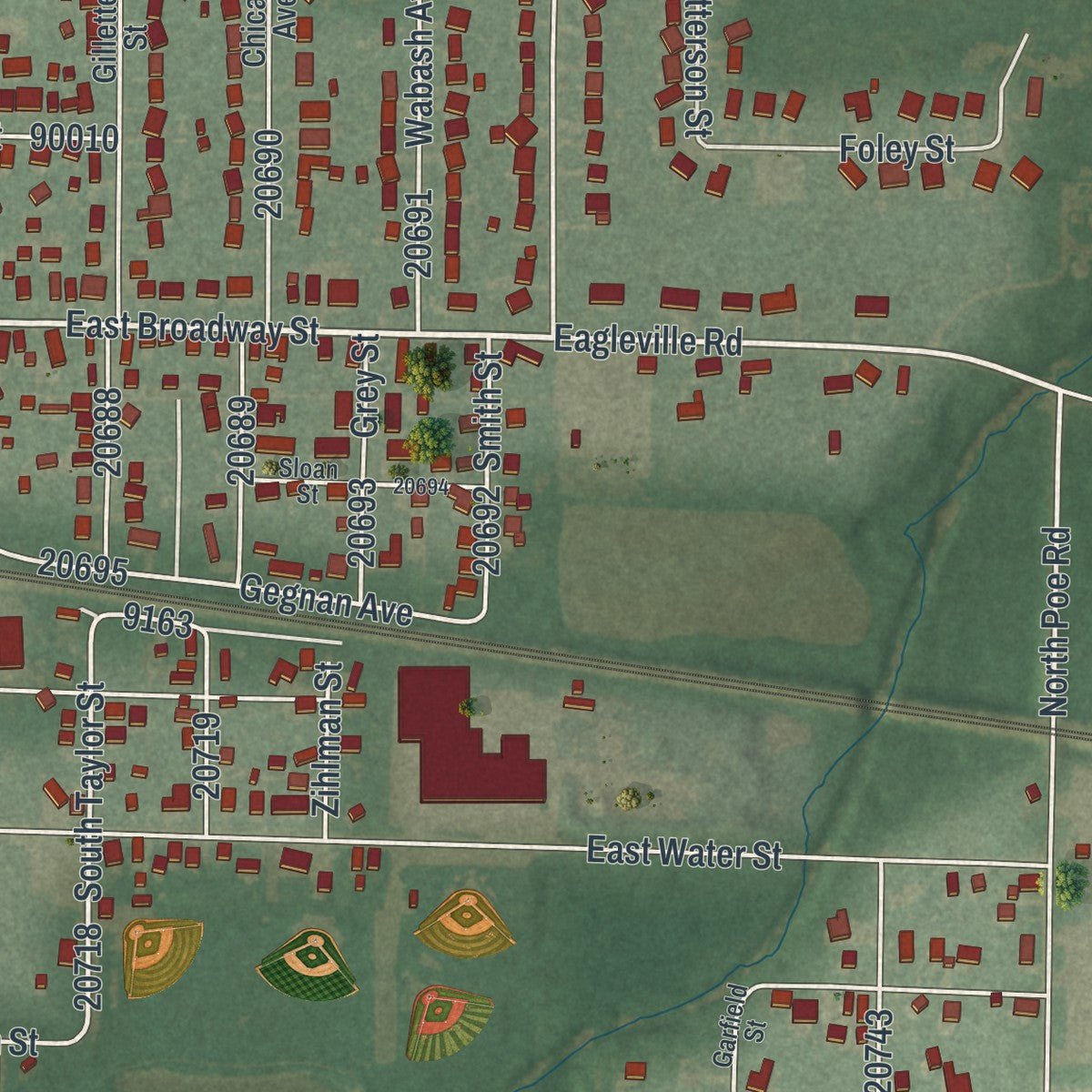 Second close-up of the map of North Baltimore, Ohio print showing more streets and buildings