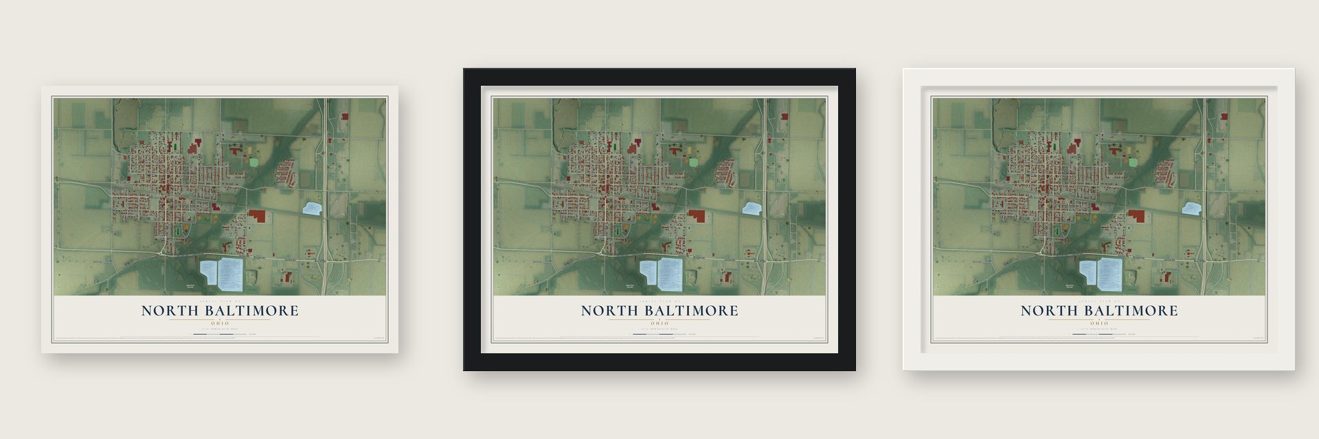 North Baltimore, Ohio map unframed, in a black wood frame and in a white wood frame